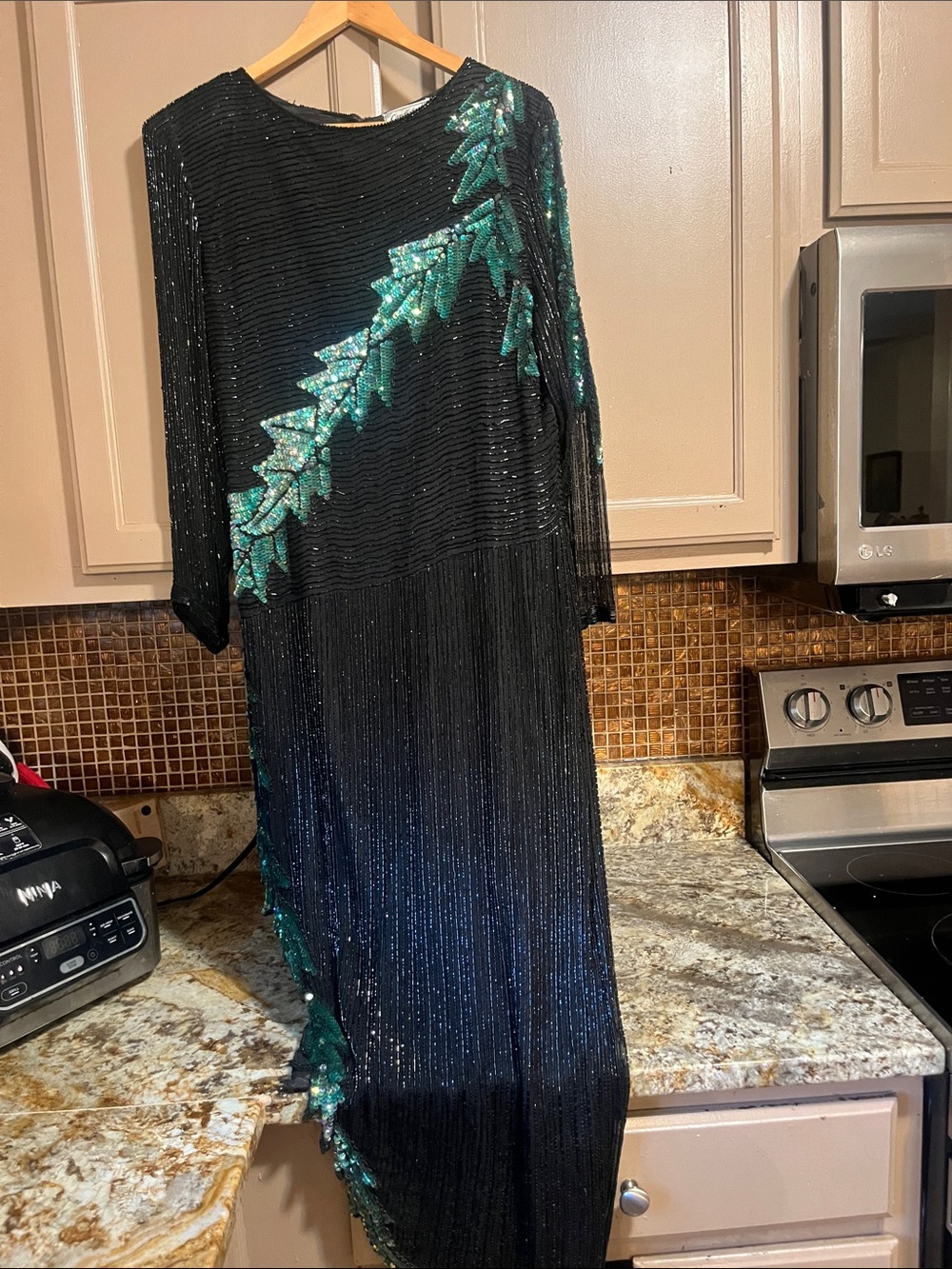 Candlelight VTG Silk Black Beaded Evening Gown with Emerald Sequin Leaf Accents